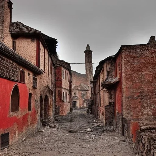 uma cidade medieval com ruas em ruínas com várias casas destruidas e deteriorados pelo tempo, o lugar possui uma coloração avermelhada por conta do fogo