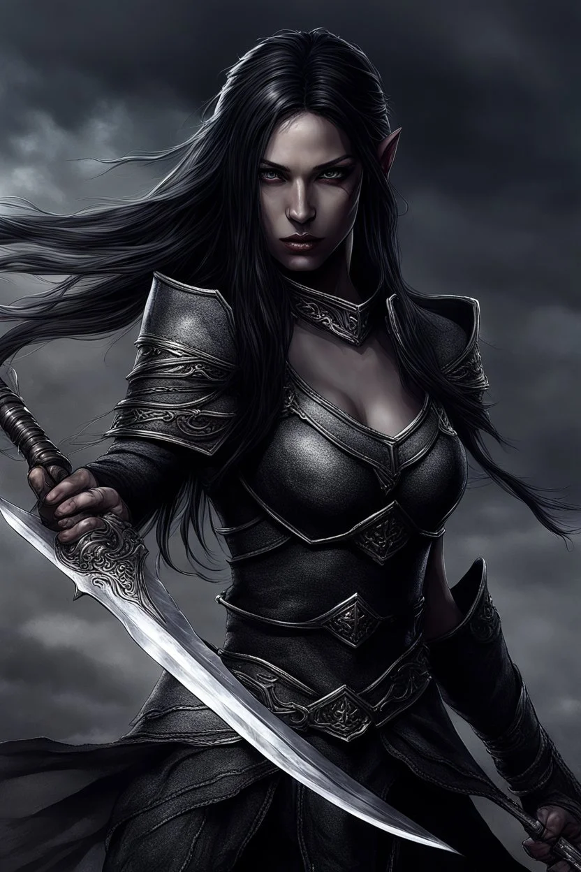 SA female elf with skin the color of storm clouds, deep grey, stands ready for battle. Her long black hair flows behind her like a shadow, while her eyes gleam with a fierce silver light. Despite the grim set of her mouth, there's a undeniable beauty in her fierce countenance. She's been in a fight, evidenced by the ragged state of her leather armor and the red cape that's seen better days, edges frayed and torn. In her hands, she grips two daggers, add dark shadow mystic purple flames