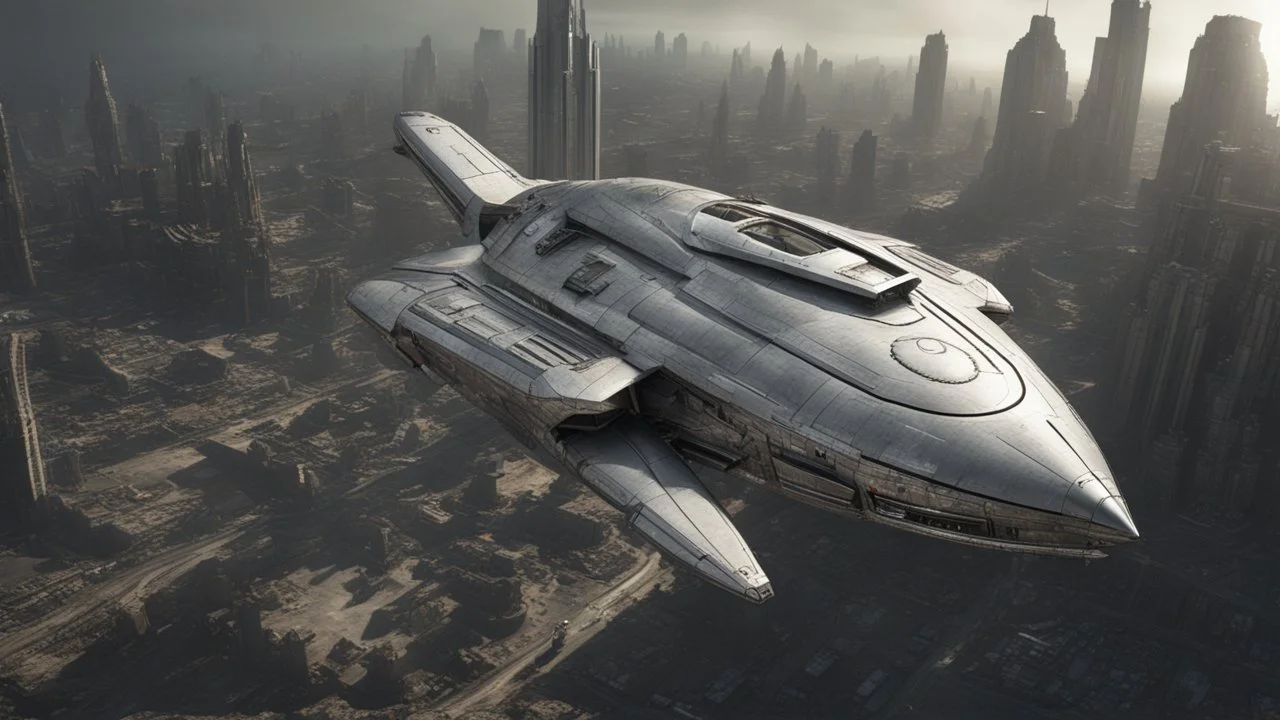 a photorealistic sleek silver spaceship flying over a ruined city