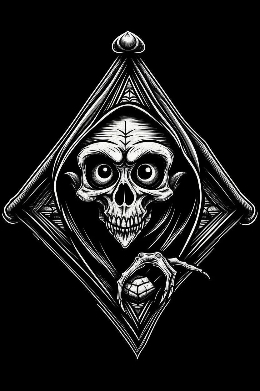 rat fink skeleton in a black hooded cloak drawn in a retro mascot style, inside a light diamond shape on a black background, monochromatic