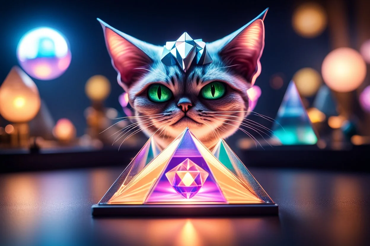 airbrush with pen outline, gremlin cat pimp holding a big reflective prismatic pyramid with orb containing plasma in the style of Escher , bokeh like f/0.8, tilt-shift lens 8k, high detail, smooth render, down-light, unreal engine, prize winning