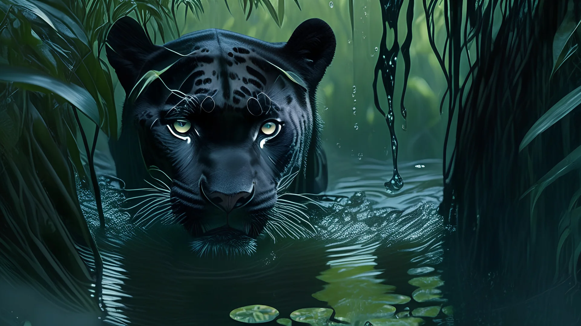 A black panther looking down in water inside a jungle.