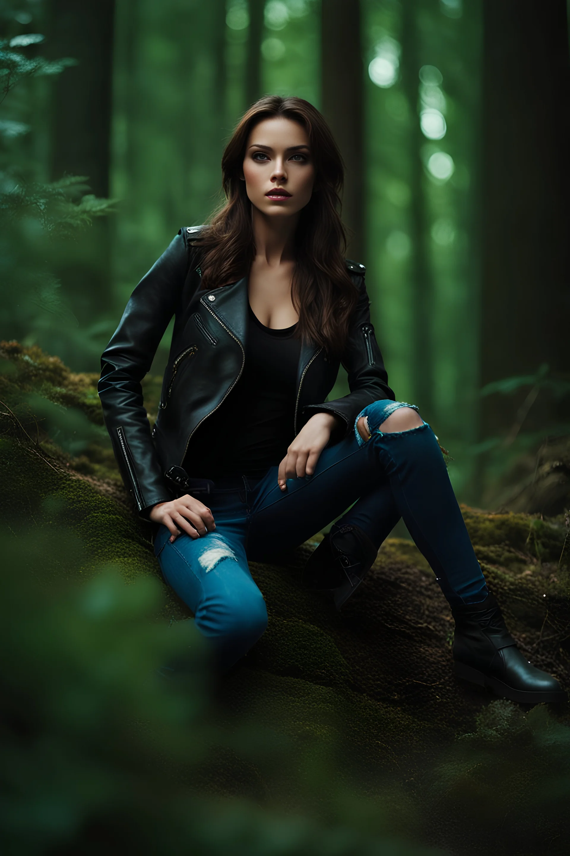 20 year old female tracker, mousey brown hair wearing jeans and a leather jacket, modern fantasy, in a forest