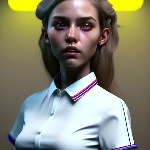 waitress teenager, rounded face, flushed cheeks, striped shirt, vibrant color, pop style, highly detailed, art stations, concept art, smooth, unreal engine 5, god rays, ray tracing, RTX, lumen lighting, ultra detail, volumetric lighting, 3d, finely drawn, high definition, high resolution, gradient background