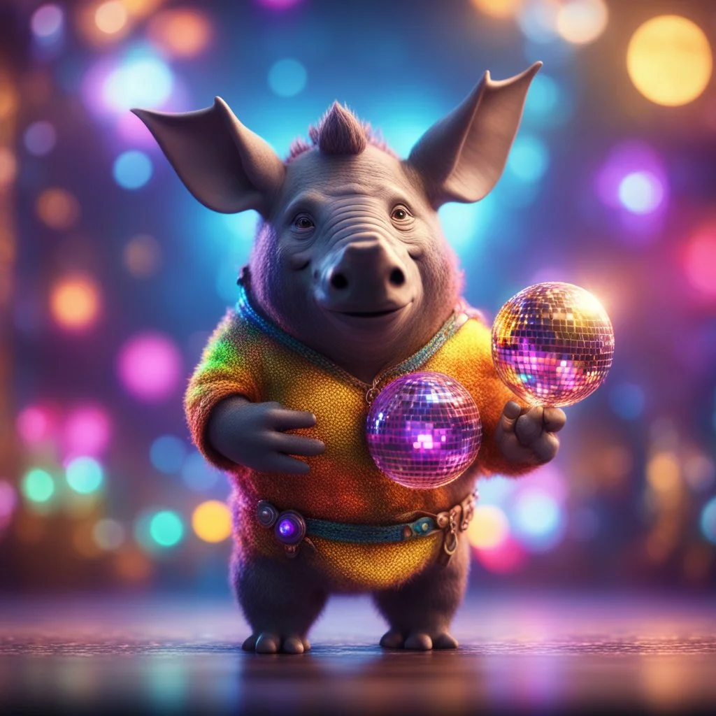 Gates as hairy groove funk bat rhino hippie holding disco ball ,bokeh like f/0.8, tilt-shift lens 8k, high detail, smooth render, down-light, unreal engine