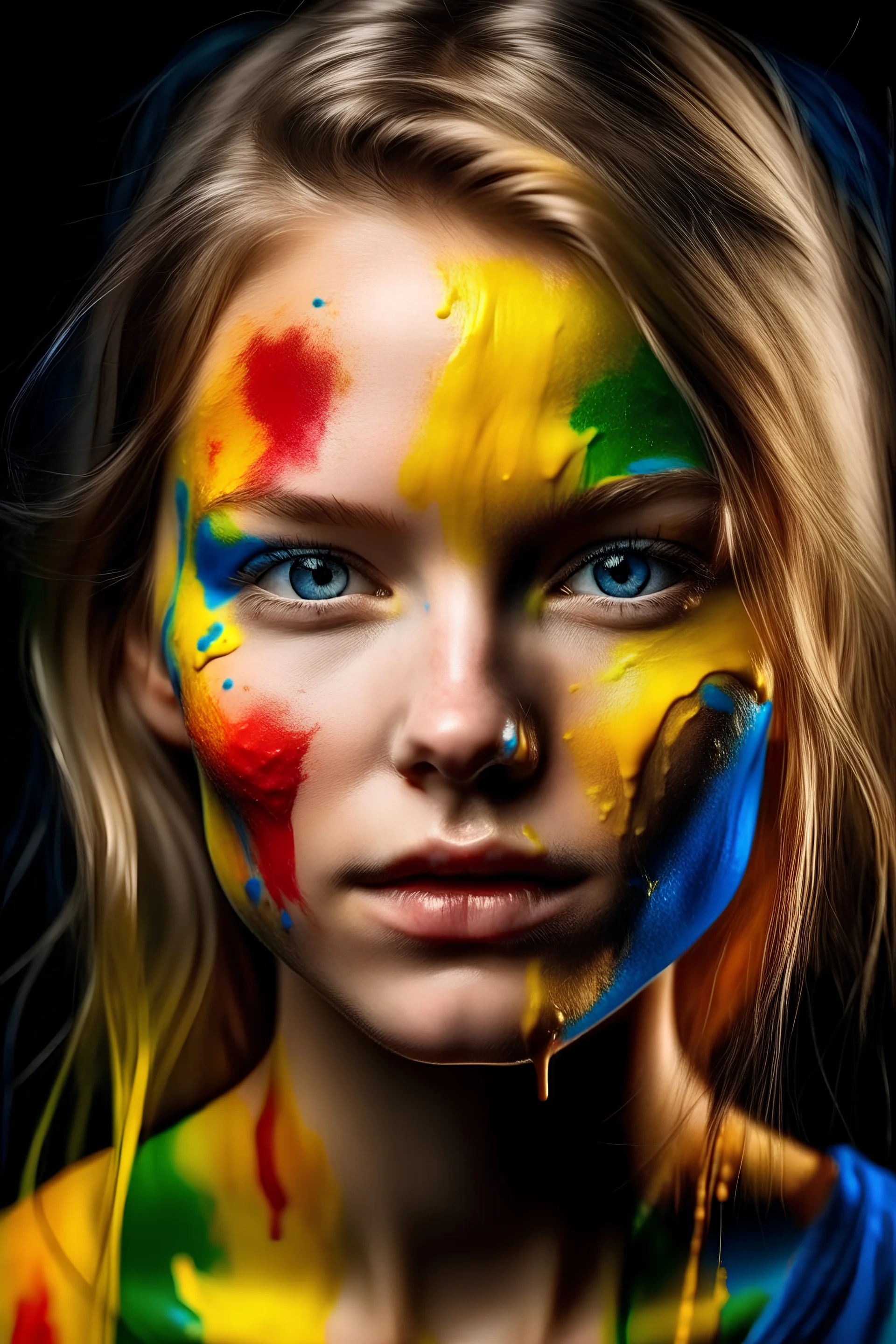 a face of a beautiful swedish young lady. her face is a colorful swirling splash of bright liquid paint