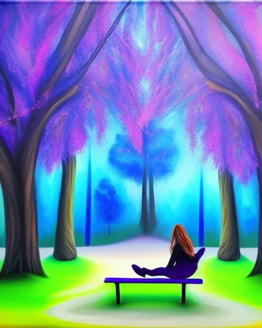 park mystical dream, park bench, man, woman, child, dog, pretty blue and purple trees, blue path, bird, jogger, sunshine, mystical, fantasy, romanticism, award-winning, beautiful colors, daylight, daytime, acrylic painting,