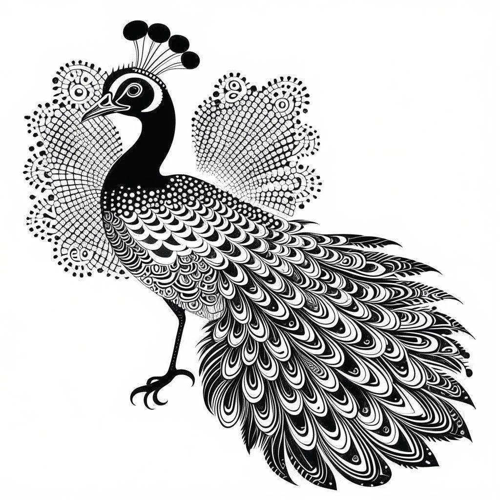 white, A peacock in flight, vector, white background, outline, with images neatly contained within the background, just black and white color, full body, no color. Front view.