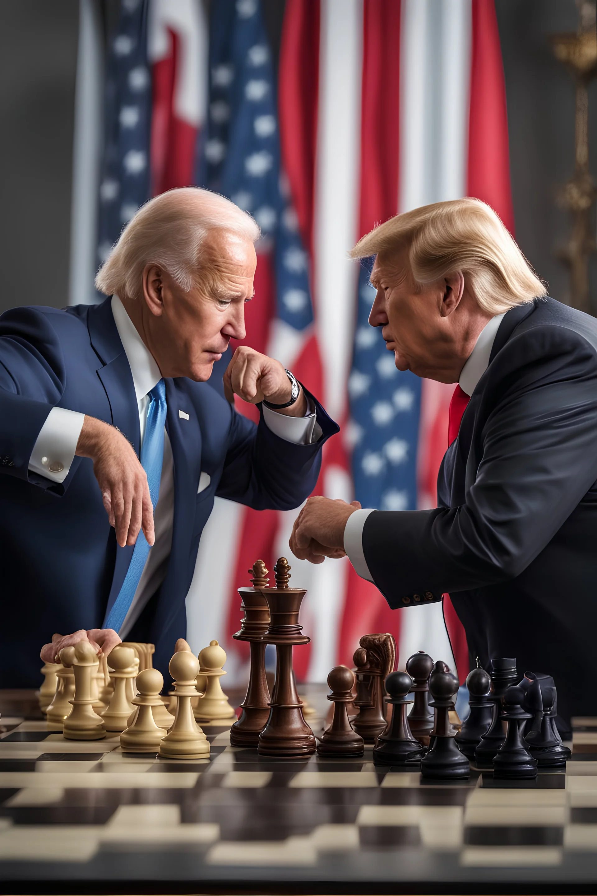 A hyper-realistic photo, Joe Biden and Trump in a game of chess, the pieces on the board representing their contrasting visions for the future., 64K, hyperrealistic, vivid colors, (glow effects:1.2) , 4K ultra detail, , real photo