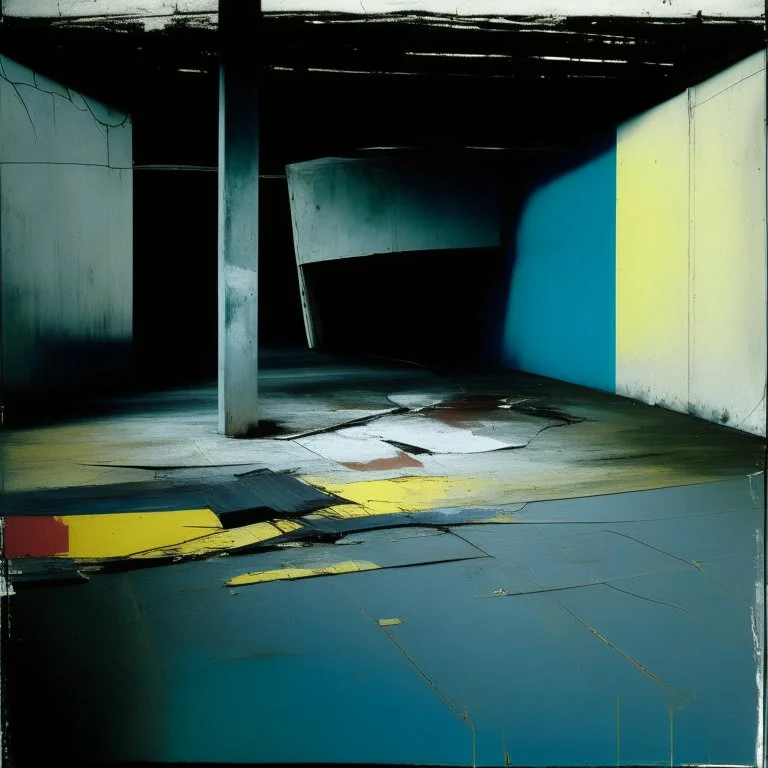 Minimal abstract oil paintings of a desolate concrete 1960s carpark. Road with distant Blurry lights. On the floor are concrete fragments and road markings . In the dark mysterious style of Justin Mortimer and Francis Bacon.