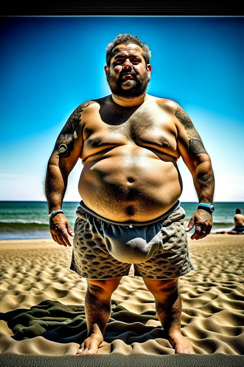 full figure shot photography of a tired chubby burly 38 years old ugly arab carpenter, shirtless, big nose, tattoo, unshaved, short curly hair, manly chest, angry eyes, open legs , at the beach in the sun, big shoulders, big tights, side light, ground view angle