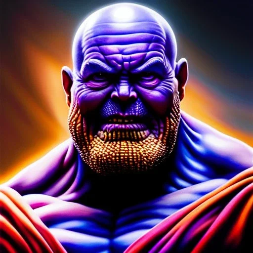 Ultra detailed fullbody Portrait in oil on canvas of master roshi merges with Thanos ,extremely detailed digital painting,extremely detailed face,crystal clear Big eyes, mystical colors ,perfectly centered image, perfect composition, rim light, beautiful lighting,masterpiece,8k, stunning scene, raytracing, anatomically correct, in the style of robert e howard and InHyuk Lee and Ohrai Noriyoshi and Simon Bisley and Wizyakuza.