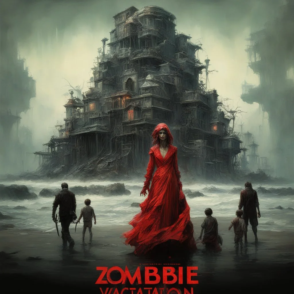 36.5 mm f0 cinematic quality , style of Jeremy Mann, "Zombie Vacation 2" Movie Poster.FONT: Serif style, Red color. Peter Elson, Alex Maleev, Ryohei Hase, Ray Caesar, hr giger, jj fu , gustave dore, masterpiece of art portrait layered sheets, techniques used: sfumato, chiaroscuro, atmospheric perspective,