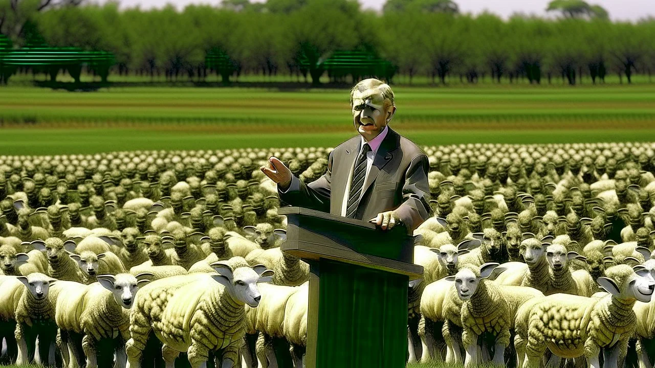 George w bush at podium speaking to large field of sheep