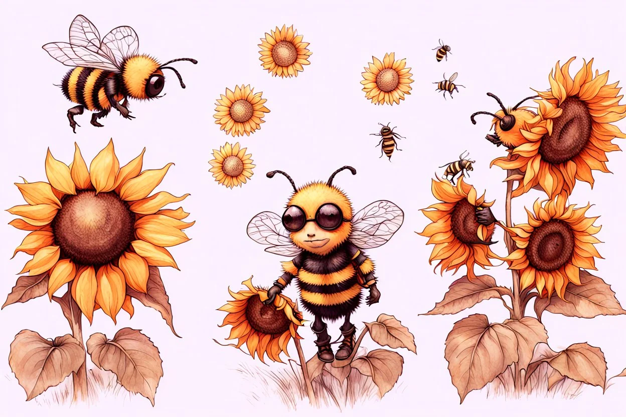 Bee, sunflowers, hot summer day, style inspired by Jean-Baptiste Monge, Peter Gray Modifiers: beautiful very cute