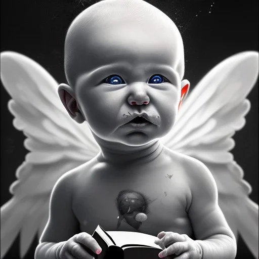 bw,a sad human baby artist called tobias leander with no hair,halo, wings, drinking, sitting in chair, photo realistic spray painting, book cover illustration