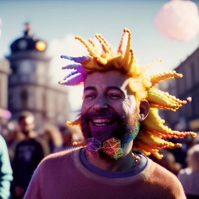 Ultra Realistic photo, medium shot view, drunken sweet jumper Spanish man, carnival scene, monster hair, steampunk style. Yellow hair, confeti, smile, happy, festival, ovnis, gradient color fog. highly detailed, concept art, unreal engine 5, ray tracing, RTX, lumen lighting, ultra detail, volumetric lighting, 3d, finely drawn, high definition, high resolution.