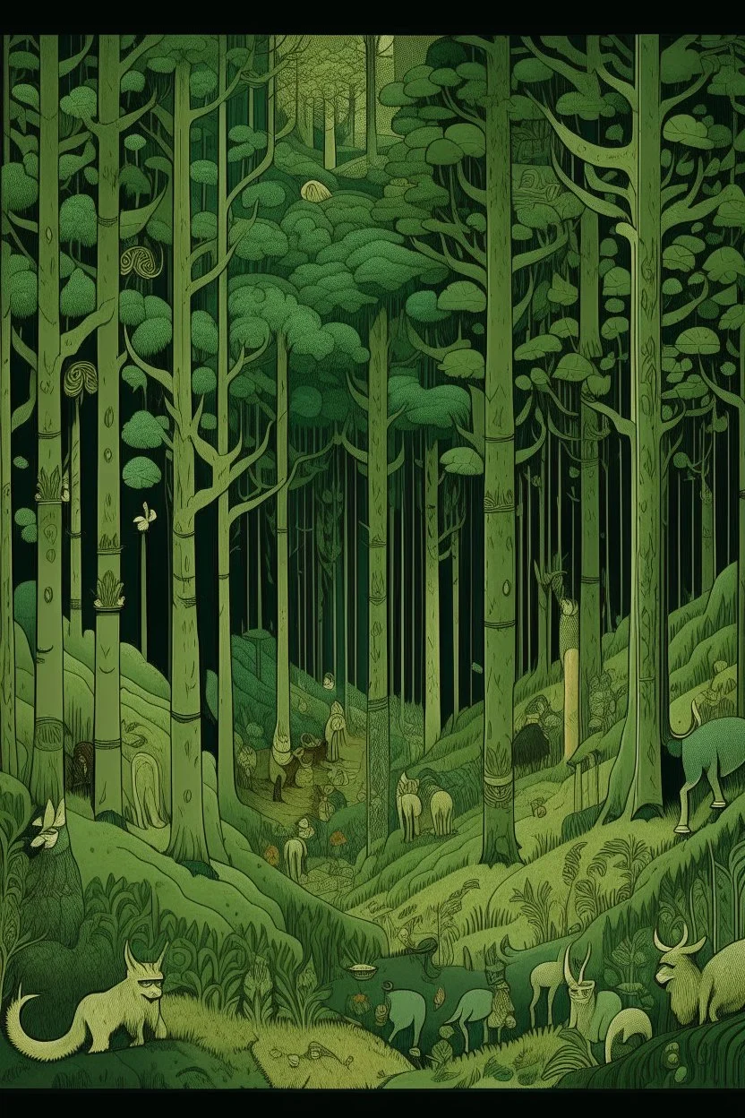 A dark green kingdom in a forest with animals designed in Bayeux tapestry painted by Giovanni Battista Sassi