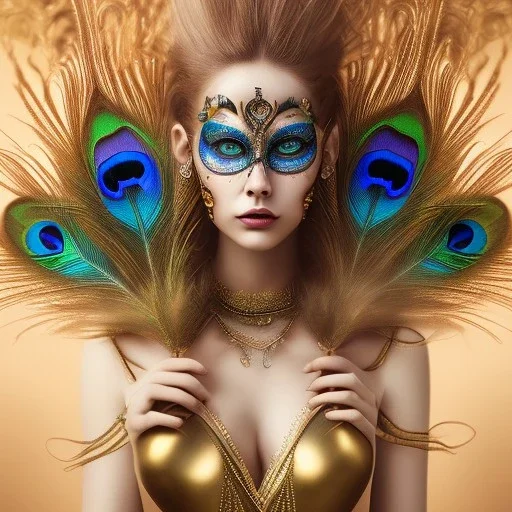 Mystery peacock feather face mask creature , dramatique, art background, dramatic lighting, volumetric lighting, hyperrealisme, 8k, high quality, lot of details, fit within portrait