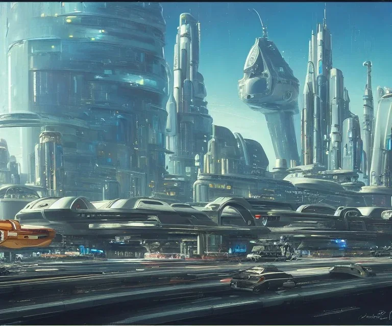 Spaceport on a heavy industrialized planet with a futuristic city in the background and a docked spaceship in the foreground, retrofuturistic, art by John Berkey, buildings with glass facades, brutalist architecture, insanely detailed, trending on artststion, vibrant, 8k uhd, cinematic atmosphere, ultra-wide angle, street level view, brush strokes, blue sky with clouds, sharp focus