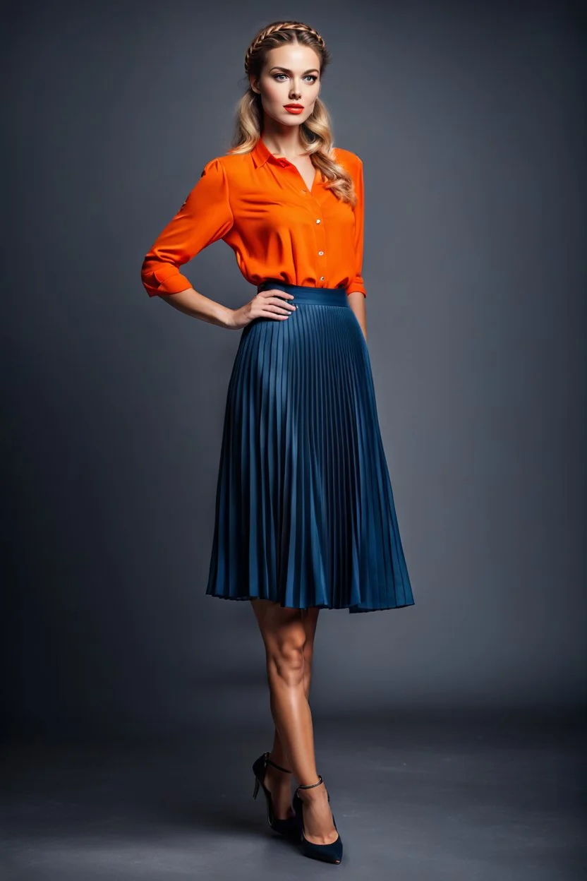 full body of very beautiful lady midi blue pleated skirt and orange bluse , Braided hair ,standing idle happy pose in studio pretty makeup,dark background