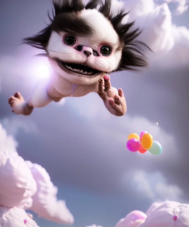 Ultra realistic speed clouds sky scene, wide angle view, sweet childs falling down, inflatable color clothing, free jumping flying, many trinkets, monster hair, hair monster, many jelly beans, balls, smile, happy, circus style, extreme, wind, clouds sea, 20,000 feet altitude, stratosphere, soft color, highly detailed, unreal engine 5, ray tracing, RTX, lumen lighting, ultra detail, volumetric lighting, 3d, finely drawn, high definition, high resolution.