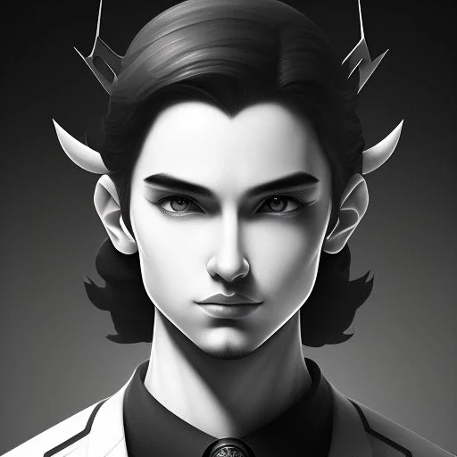 masterpiece - face - anime boy - black long hair - portrait- white iris - white horns on head - sharp eyes - handsome