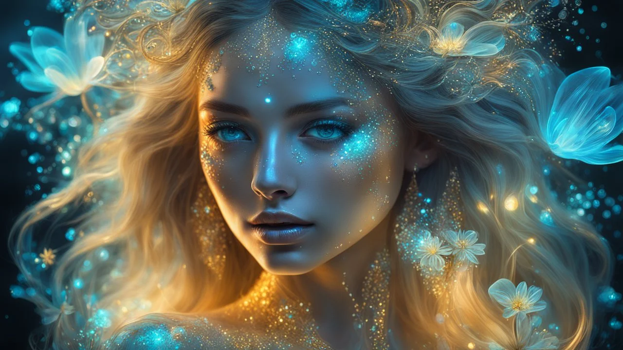 The photo is done in a bioluminescent and bioluminescent art style depicting a divine woman, Bioluminescent dewy translucent glowing skin, ethereal glowing eyes, long neck, perfect face in ultra-realistic details, flowing hair, double exposure, flower, The composition imitates a cinematic film with dazzling, gold and silver lighting effects. Intricate details, sharp focus, crystal clear skin create high detail. 3d, 64k, high resolution, high detail, computer graphics, hyperrealism, f/16, 1/300 s