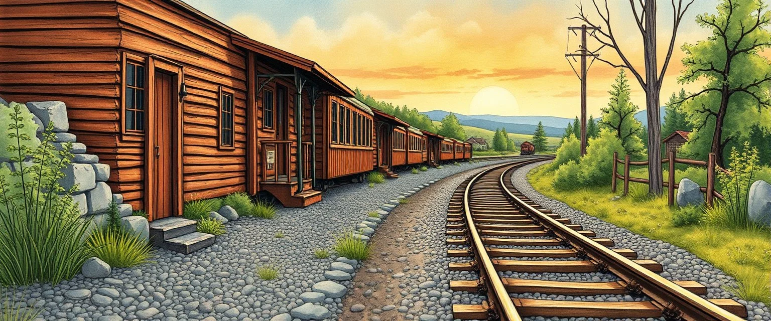 side of old western railway track, childrens book illustration