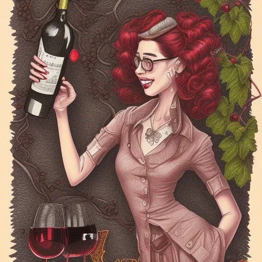 Label of red wine with grapes and vines. A lady in her 40 with long har and eyes glasses, and her male colleague friend with short hair, with muscles and he hasn't got glasses. They are drinking fresh red wine with smiles. simple funny sketch in pencil