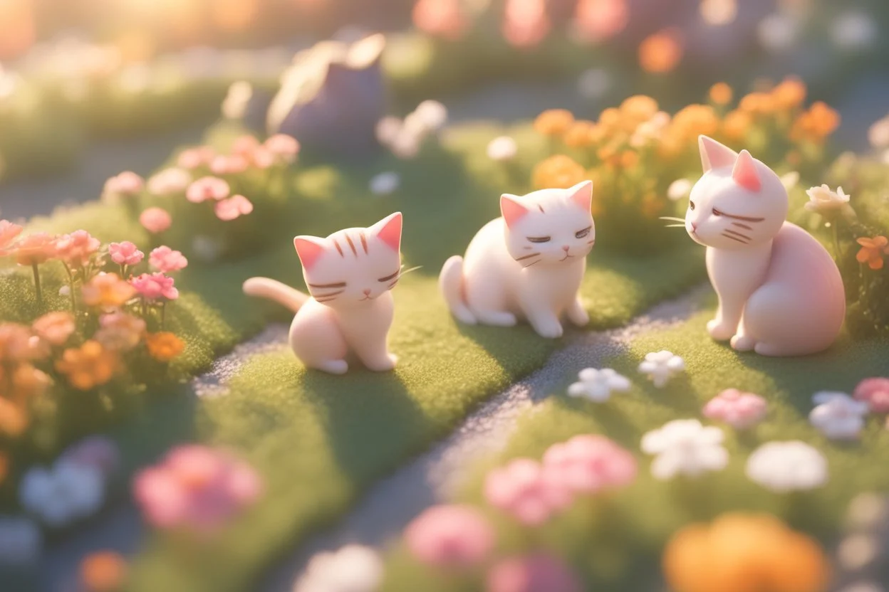 top view of a miniature flower farm scene with cute chibi anime gardener cats tending to the flower fields S<AI in sunshine, photorealistic, 3D, ethereal, cinematic postprocessing, bokeh, dof