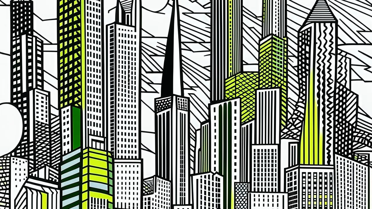 A grayish green loud city with towers painted by Roy Lichtenstein