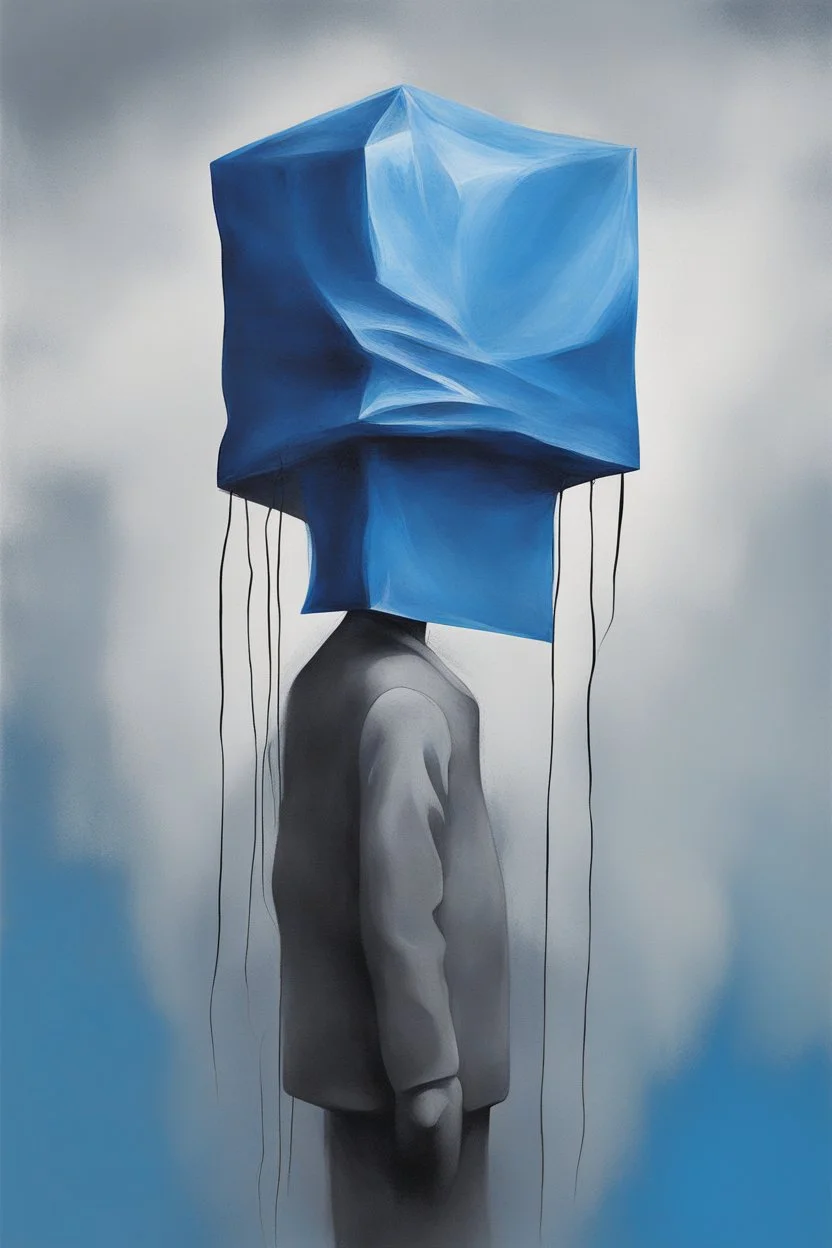 A strange and gloomy stick man with a blue plastic bag on his head. Surrealism, figurative painting with elements of the Bauhaus style. Intense textures.