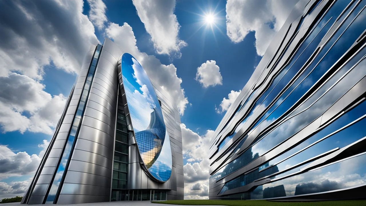 photorealistic high-tech building with futuristic and modern feel, metalic walls, holographic displays, unique technology floats in sky between big clouds, high textures, blue sky, sunshine, Professional photography, bokeh, natural lighting, canon lens, shot on dslr 64 megapixels sharp focus, stunnig