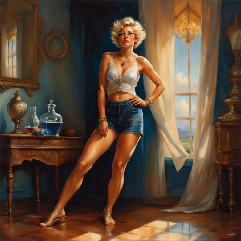 full length low angle airbrush portrait of young barefoot woman standing legs apart, wearing crop top and silk shorts with blond hair in pixie haircut, tan complexion, and wireframe glasses, sapphire pendant, confident expression, by pino daeni bare feet resting on hardwood floor, in opulent parlor with antiques, relief hangings, and a crystal decanter, perfect toes, pedicure