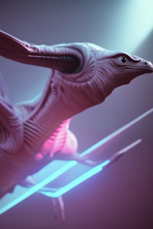 Alien bird, elegant, realistic, cinematic lighting, pink blue light, 8k, galactic