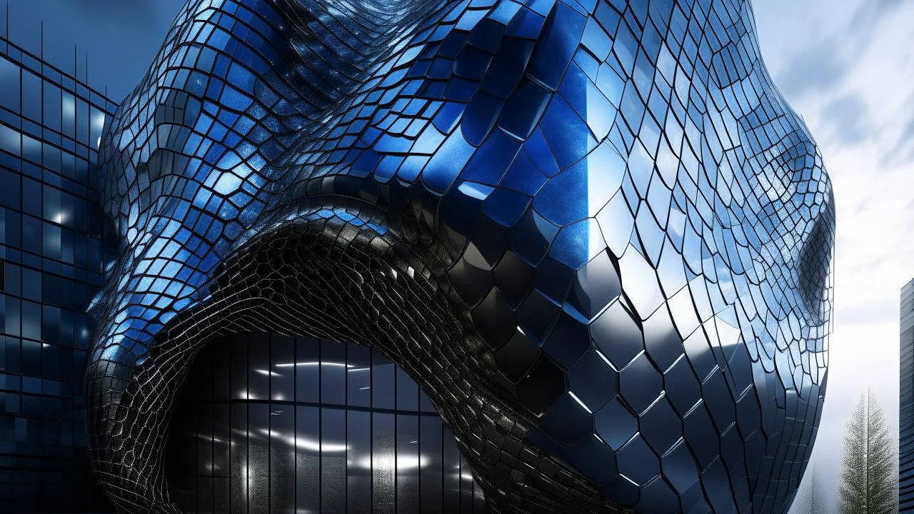 Futuristic building with a facade made of steel and glass scales, reflecting light and creating unique visual effects. Its avant-garde design evokes the image of a living entity with a metallic and transparent skin.