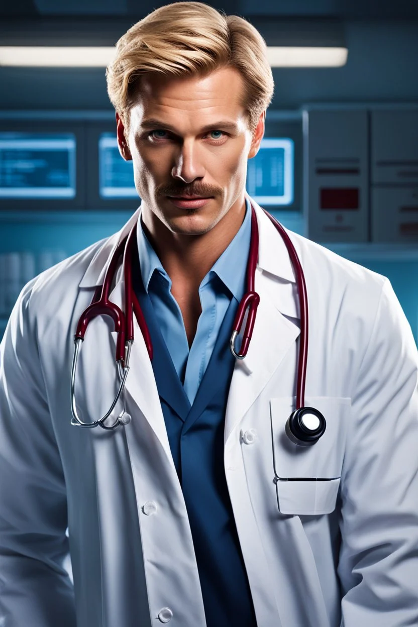 Mid-thirties, Caucasian male doctor, kind smile, blonde hair (slightly disheveled) blonde thick mustache, pale blue eyes, broad shoulders, muscular, six foot, Hawaiian shirt under white lab coat, bloodstains at the edges of the lab coat. Strong Jaw line, surrounded by shadows, photo realistic