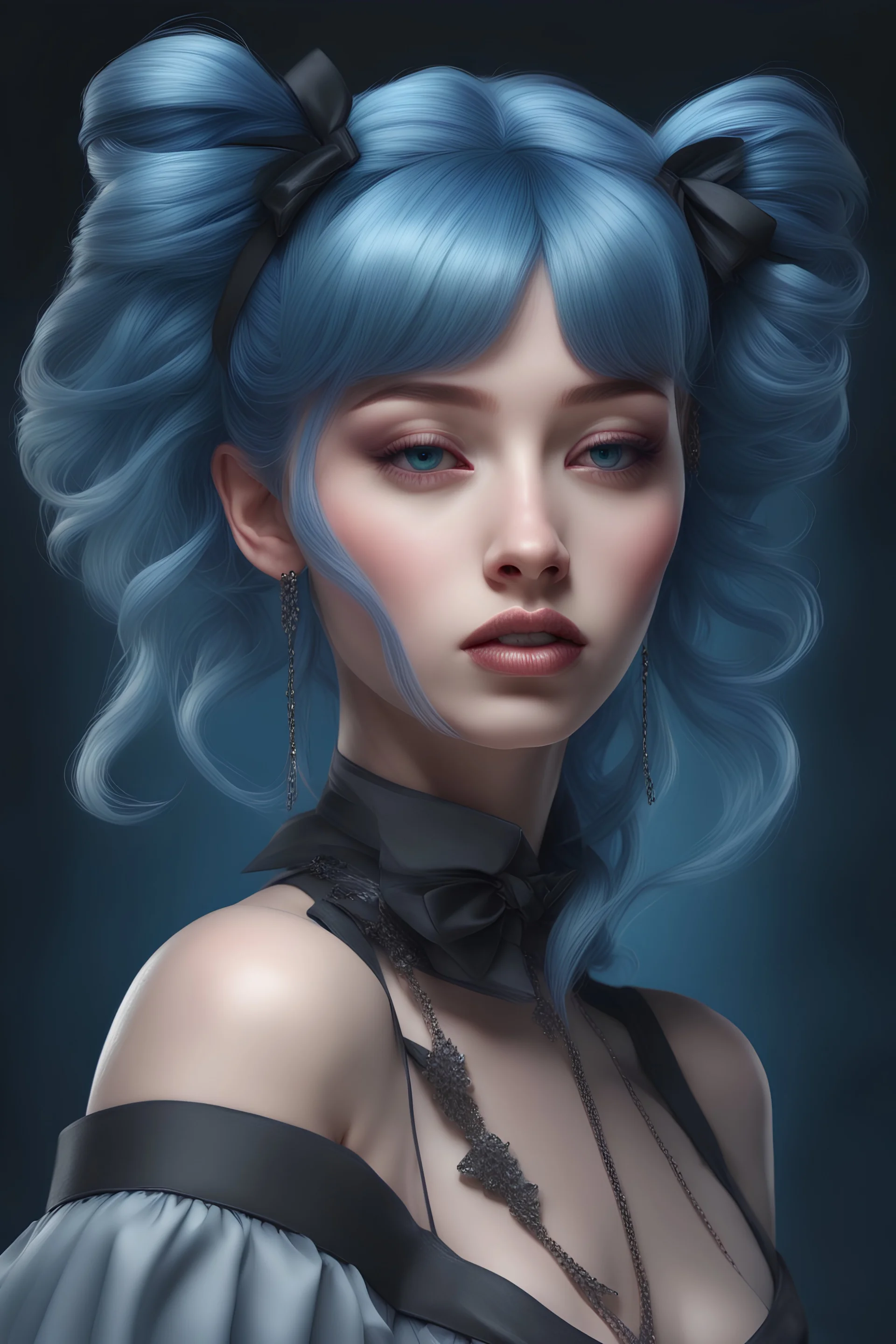 Close-up of woman with blue hair and bow ties, 4k detailed digital art, realistic 4k digital art, realistic 4k digital art, highly detailed 4k digital art, Dark, But detailed digital art, gorgeous digital art, in style of dark fantasy art, digital fantasy portrait, exquisite digital illustration, beautiful digital artwork, beautiful gorgeous digital art, dark fantasy style art