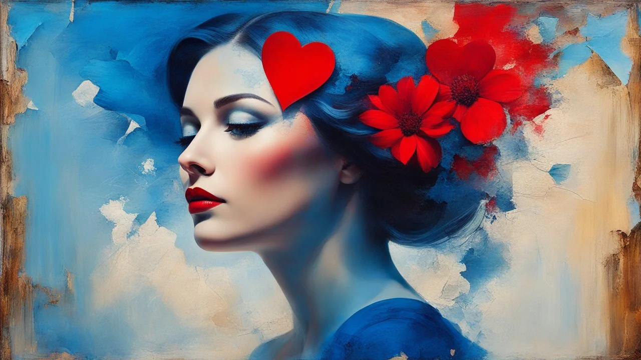 old painting, torn edges, blue, WOMAN, love, red heart, light, flower, double exposure, abstract surreal portrait, oil painting in impressionism, large strokes, airbrush effect, textured painting, antique style, vintage, semi-abstract, semi-realistic, surreal .