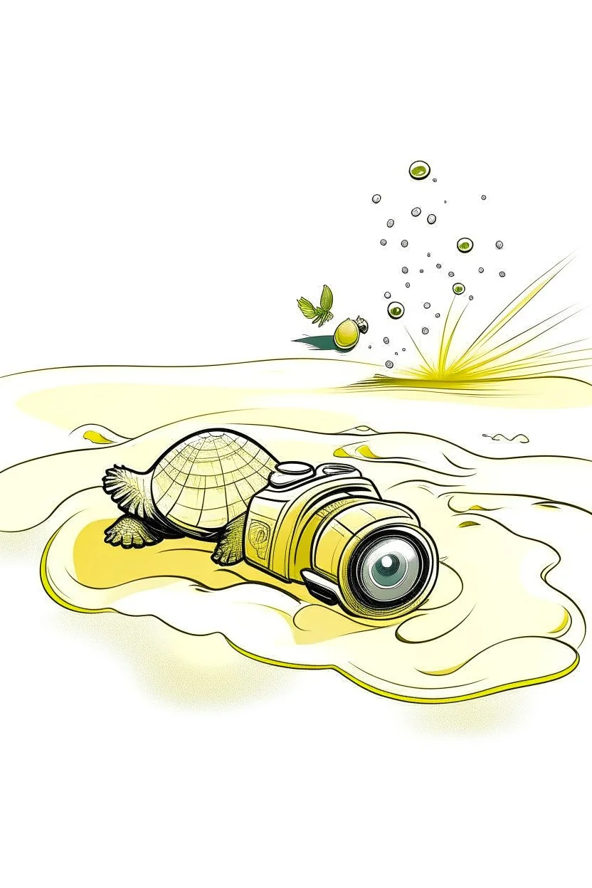 A disposable camera lies abandoned on a sandy beach, partially buried in the grains. A playful sea turtle swims past in the clear water, leaving a trail of bubbles in its wake. Style: Whimsical, Mood: Playful, Lighting: Bright midday sun with a warm glow, T-shirt design graphic, vector, contour, white background.