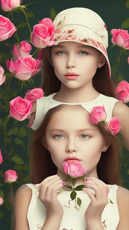 A 7-year-old little girl from Russia holds a lot of roses and puts them on her face, wears a plain white bucket hat, puts roses in front of her face so that her face is not visible, (many flowers: 1.2), soft light, golden hour, upper body, HDR, 8K, Natural Skin Texture, AO, Complex, Highly Detailed, Sharp Focus, Crazy Detail, Intricate Detail, Highly Detailed, The Girl Looked Down