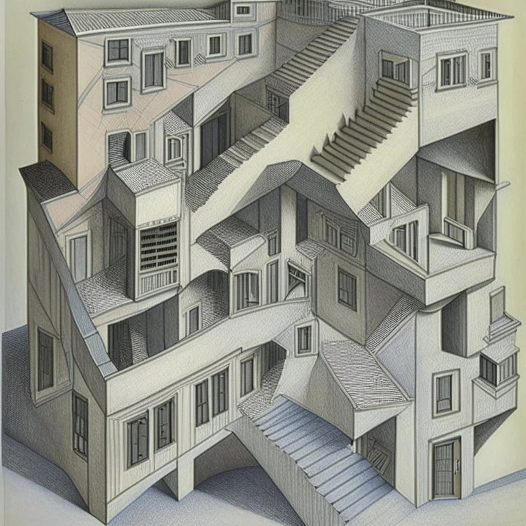 A building in 3 axis with stairs upside down and in several spacial dimensions and directions by artist "Escher" and "Tichenor"