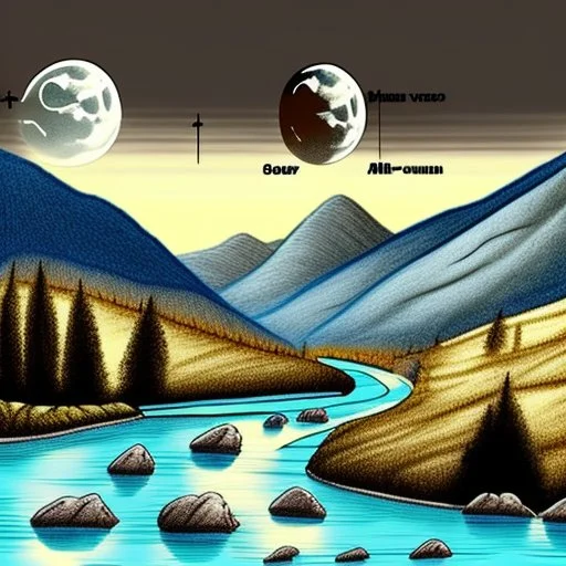 Draw a V-shaped valley with two mountain sides and a river in between. The left side is rocky, the right side softer. The river is wide and rough, with rapids. In the sky at the top left there is the moon and at the top right there is the sun, sun and moon must be equal in size. Use a watercolor style with bright, warm colors.