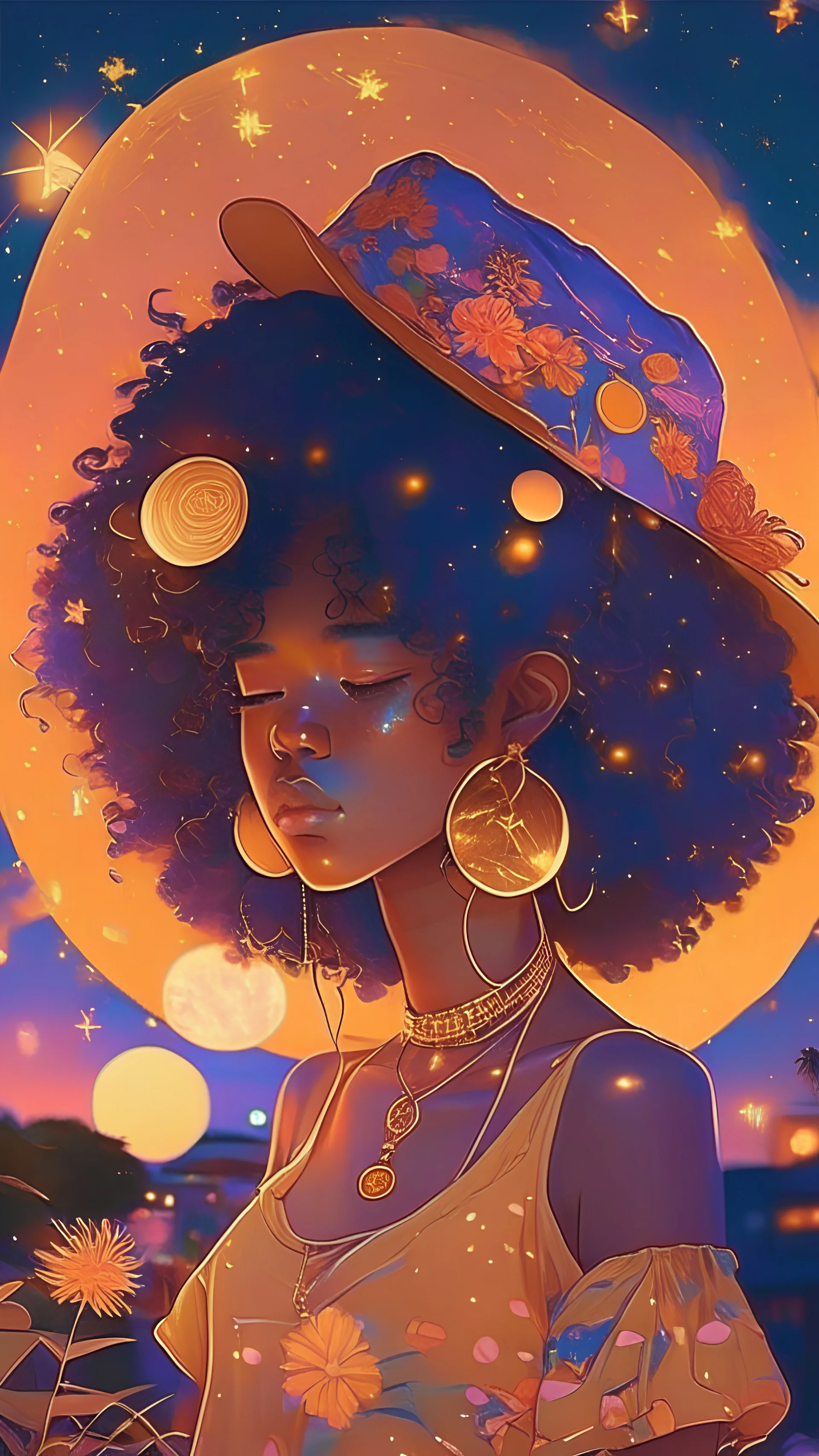 universe meets summer night, soulful asian girl, afro, gold jewellery, hat, music, lofi tones, lofi hip hop vibes