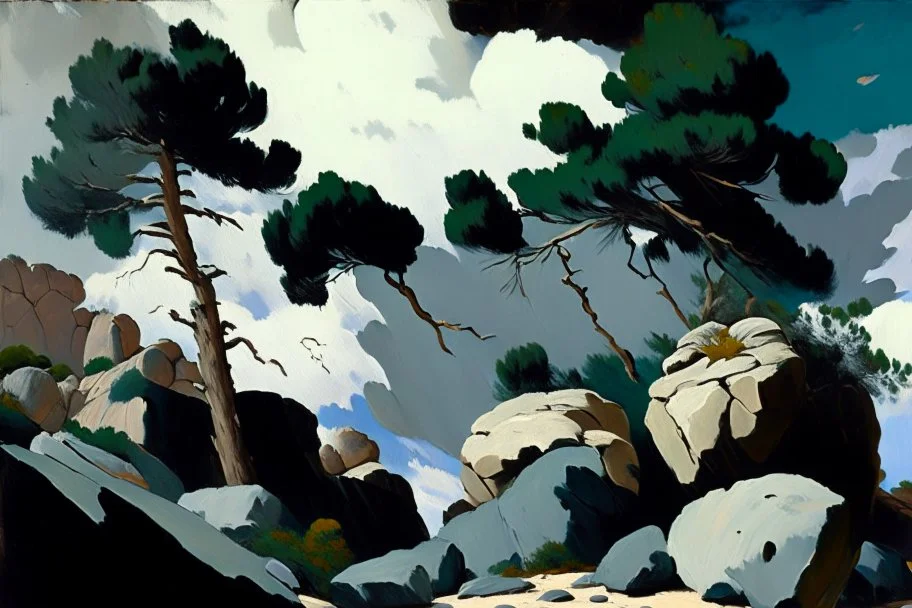 Cloudy day, rocks, trees, sci-fi, edouard manet painting