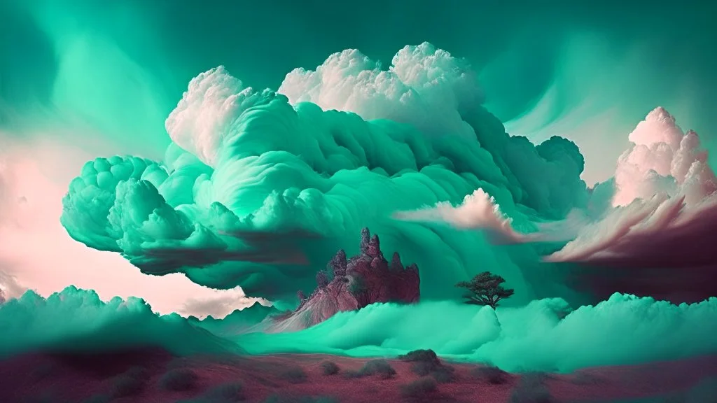 Phantasy landscape with dramatic cloud in peppermint color