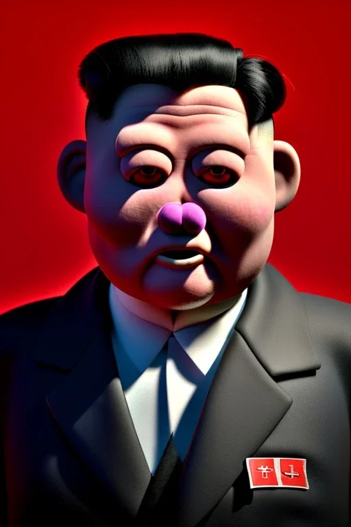 Waist up muppet Portrait, Kim Jong-un muppet doll, black suit, photo studio, red background, unreal engine 5, concept art, art station, ray tracing, lumen lighting, ultra detail, volumetric lighting, 3d.