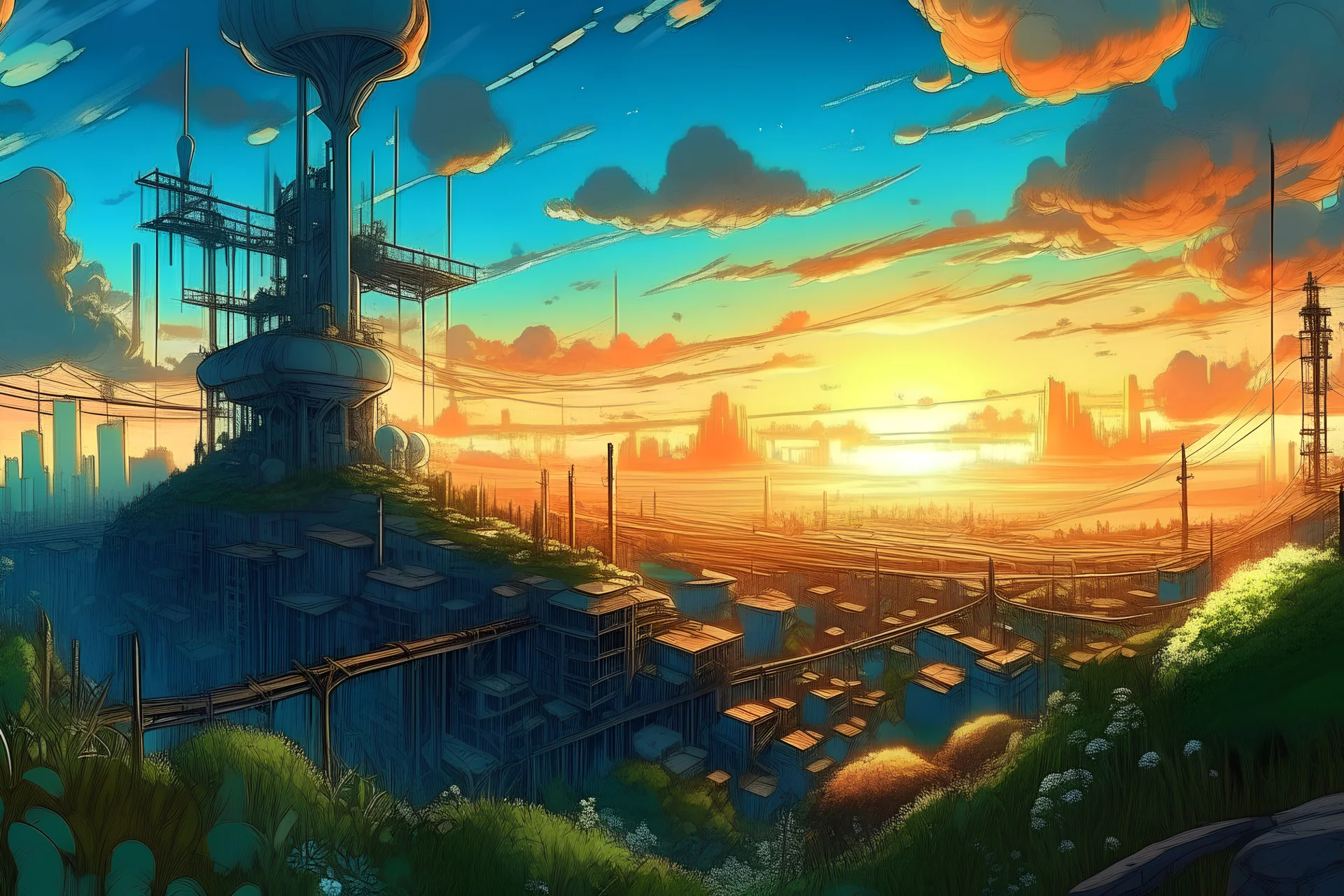 overhead shot, scify city, steampunk, evening time , sun set, plants, grasses, blue sky, dynamic white clouds, magnificent, vibrant, hdr, 4k, 8k, watercolour vector art, low angle shot, aesthetic, Mysterious sketch