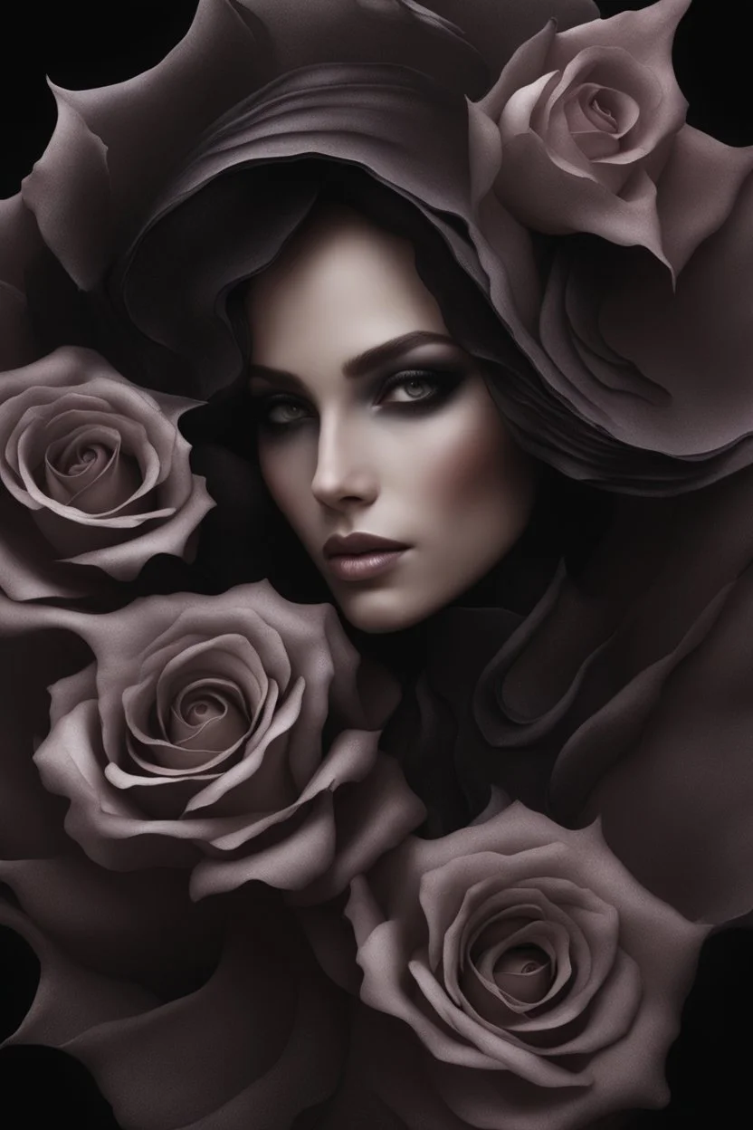 Close-up mage of a beautiful woman's face inside of a black rose, Smoky, 8k quality, extremely realistic, gothic, exceptional creation, fantastic, highly detailed